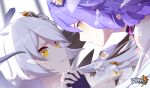  2girls bare_shoulders chinese_commentary close-up commentary_request dual_persona evil_smile fingerless_gloves gloves highres honkai_(series) honkai_impact_3rd interlocked_fingers kiana_kaslana kiana_kaslana_(herrscher_of_the_void) logo long_hair looking_at_another multiple_girls official_alternate_costume official_art official_wallpaper open_mouth purple_hair sirin sirin_(miracle_magical_girl) smile spoilers upper_body v-shaped_eyebrows white_hair yellow_eyes 