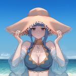  1girl absurdres bikini blue_bikini blue_hair blue_sky blunt_bangs blush breasts brown_eyes cleavage closed_mouth cloud collarbone commentary day english_commentary fire_emblem fire_emblem:_three_houses fire_emblem_heroes hat highres large_breasts lesu looking_at_viewer marianne_von_edmund marianne_von_edmund_(summer) ocean official_alternate_costume outdoors see-through see-through_sleeves short_hair_with_long_locks sidelocks sky solo straw_hat sun_hat swimsuit twitter_username water 