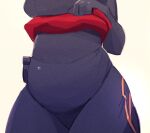  2023 4_fingers ambiguous_species anthro belly belly_overhang bodysuit breasts clothing crowdi female fingers hand_on_stomach hi_res medium_breasts red_sash sash shaded skinsuit slightly_chubby solo thick_thighs tight_clothing torso_shot tsuuki_(crowdi) wide_hips 