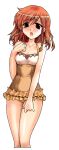  1girl bare_arms bare_shoulders braid breasts furrowed_brow hand_up kagehi_no_loo legs_together mabinogi one-piece_swimsuit open_mouth orange_hair red_eyes short_hair simple_background small_breasts solo standing swimsuit triona twin_braids white_background 