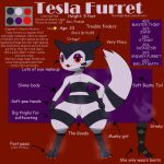  anthro fan_character female fur furret generation_2_pokemon genitals hi_res model_sheet musk nintendo paws pokemon pokemon_(species) pussy red_eyes short_stack solo striped_body striped_fur stripes tesla_arts tesla_furret text 