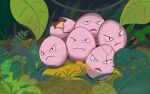  black_eyes closed_mouth commentary_request crack cracked_egg egg exeggcute frown kazaguruma_(sd123ghq) leaf looking_at_viewer no_humans outdoors plant pokemon pokemon_(creature) vines 