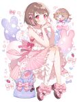  1girl asymmetrical_legwear bow brown_hair dress frills hair_ornament original pink_bow pink_dress pink_eyes pink_footwear short_hair sitting solo uekura_eku uneven_legwear 