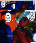  2boys artist_name blurry blurry_background brown_hair deadpool english_text formal heart highres implied_yaoi male_focus manly marvel mature_male miguel_o&#039;hara multiple_boys muscular muscular_male neon_lights short_hair signature spandex speech_bubble spider-man:_across_the_spider-verse spider-man_(2099) spider-man_(series) suit tight_clothes toned umikochannart 