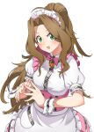  1girl absurdres ahoge apron blush bow bowtie breasts brown_hair cowboy_shot dress frilled_apron frilled_dress frills green_eyes hands_up hashiba_(hashiba_ss) highres idolmaster idolmaster_million_live! idolmaster_million_live!_theater_days long_hair looking_at_viewer maid maid_headdress medium_breasts nikaidou_chizuru open_mouth pink_bow pink_bowtie pink_dress ponytail puffy_short_sleeves puffy_sleeves short_sleeves simple_background smile solo standing steepled_fingers very_long_hair waist_apron white_apron white_background white_wrist_cuffs 