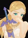  1girl bare_arms bare_shoulders black_background blonde_hair breasts dress green_eyes highres holding holding_weapon large_breasts long_hair master_sword official_alternate_costume pointy_ears princess_zelda sheath sheathed simple_background solo the_legend_of_zelda the_legend_of_zelda:_breath_of_the_wild weapon white_dress yamori_(yamoooon21) 