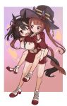  2girls ahoge alternate_costume animal_ears black_hair breasts brown_hair carrying full_body hair_ornament hat highres horse_ears horse_tail hug hug_from_behind jacket kitasan_black_(umamusume) kudach_i looking_at_another medium_breasts multiple_girls piggyback purple_eyes shoes shorts smile sweep_tosho_(umamusume) tail track_jacket twintails umamusume witch_hat 