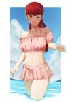  1girl absurdres bikini bikini_skirt blue_sky blush cloud day ehe02750888 highres looking_at_viewer navel one_eye_closed outdoors partially_submerged persona persona_5 pink_bikini red_eyes red_hair sky solo swimsuit water yoshizawa_kasumi 