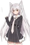  1girl alternate_costume amatsukaze_(kancolle) black_dress blush brown_eyes closed_mouth commentary_request dress grey_hair highres kantai_collection long_sleeves necktie school_uniform simple_background smile solo standing takanashi_kei_(hitsujikan) thighs two_side_up white_background white_necktie 