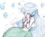  blue_hair blush bubble closed_eyes crying eveo fins head_fins highres long_hair madou_monogatari mermaid monster_girl on_water puyopuyo serilly_(puyopuyo) white_background 