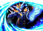  1boy asymmetrical_armor black_background black_bodysuit blue_armor blue_fire bodysuit build_driver clenched_hands fire flame_print high_kick highres kamen_rider kamen_rider_build_(series) kamen_rider_cross-z kicking male_focus otokamu power_armor ribbed_bodysuit soles solo 