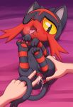  1girl animal_focus anus bad_furaffinity_id bad_id bed_sheet bestiality black_eyes blush breath cat claws clitoris colored_sclera disembodied_limb drooling fangs fingering full_body highres legs_up litten looking_at_viewer lying navel nose_blush on_back one_eye_closed open_mouth pawpads pokemon pokemon_(creature) pov purple_background pussy pussy_juice saliva solo_focus spread_pussy stoic5 sweat toe_scrunch tongue tongue_out wince yellow_sclera 