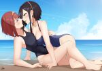  2girls ark_royal_(azur_lane) ark_royal_(kancolle) azur_lane beach black_hair blue_eyes bob_cut commission crossover day eye_contact kantai_collection looking_at_another multiple_girls name_connection ocean one-piece_swimsuit outdoors red_hair short_hair swimsuit xsan_vanny yuri 