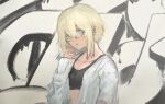  1girl aqua_eyes blonde_hair breasts crop_top cross cross_earrings ear_piercing earrings expressionless glasses graffiti hand_up jewelry long_sleeves looking_to_the_side open_clothes open_shirt original piercing shioda_(shioda_5) shirt short_hair sketch small_breasts solo white_shirt 