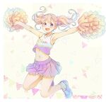 1girl :d \o/ arms_up bow clothes_lift clothes_writing cursive e_(eokiba) english_text hair_ornament holding holding_pom_poms jumping midriff navel original outstretched_arms pennant pleated_skirt pom_pom_(cheerleading) purple_bow shirt_lift shoes skirt skirt_lift smile sneakers socks star_(symbol) star_hair_ornament tank_top white_socks 