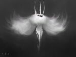  2017 ambiguous_gender anthro ari_ibarra arthropod chromatic_aberration empty_eyes ethereal featureless_crotch front_view full-length_portrait fur grey_background greyscale hi_res hollow_knight horn insect legs_together lepidopteran monochrome moth neck_tuft portrait radiance_(hollow_knight) simple_background solo spread_wings team_cherry tuft white_body white_eyes white_fur wings 