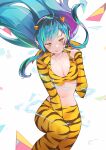  1girl :p absurdres animal_print aqua_hair aqua_nails bikini blush breasts cleavage commentary_request electricity fingernails floating_hair green_hair highres horns itou_kazuki large_breasts leggings long_hair long_sleeves looking_at_viewer lum multicolored_eyes multicolored_hair nail_polish navel oni oni_horns pants pink_hair pointing pointing_at_self pointy_ears print_bikini shrug_(clothing) signature solo stomach swimsuit tiger_print tongue tongue_out urusei_yatsura white_background yellow_bikini yellow_horns yellow_pants 