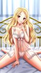  1girl bare_arms bare_legs barefoot bed_sheet between_legs blonde_hair blush bra breasts choker cleavage closed_mouth doukyuusei_2 doukyuusei_another_world finger_to_mouth game_cg gem hand_between_legs head_tilt index_finger_raised large_breasts lingerie long_hair looking_at_viewer maijima_karen navel panties red_eyes red_gemstone ribbon sitting smile solo spread_legs straight_hair underwear underwear_only very_long_hair wariza white_bra white_choker white_panties white_ribbon 