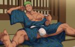 1boy abs armpits bara bare_pectorals bulge covered_penis cup earrings english_text feet feet_out_of_frame fundoshi green_hair highres japanese_clothes jewelry kimakkun kimono large_bulge large_pectorals long_sideburns looking_at_viewer male_focus mature_male muscular muscular_male nipples one_eye_closed one_piece open_clothes open_kimono paid_reward_available pectorals roronoa_zoro sakazuki scar scar_across_eye scar_on_chest seductive_smile short_hair sideburns smile soles solo speech_bubble spread_legs stitches stomach textless_version thighs 