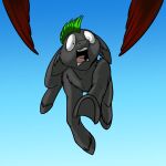  1:1 black_body black_fur duo earth_pony equid equine feathered_wings feathers feral fetlocks foxenawolf free_agent_(mlp) fur goldfur&#039;s_cogsverse gradient_background green_hair hair hasbro hooves horse long_path male mammal my_little_pony open_mouth pony red_wings scared simple_background solo_focus wings 