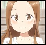  1girl black_border blush border brown_eyes brown_hair closed_mouth collarbone forehead highres karakai_jouzu_no_takagi-san kuro_kosyou long_hair looking_at_viewer parted_bangs portrait shirt smile solo takagi-san white_shirt 