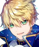  1boy ahoge arthur_pendragon_(fate) artist_name blonde_hair blue_eyes fate/grand_order fate_(series) looking_at_viewer male_focus moru portrait short_hair simple_background smile solo upper_body watermark white_background 
