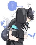  1boy 1other animal_ears arknights bandaid bandaid_on_face bandaid_on_nose black_coat black_gloves black_hair closed_eyes coat doctor_(arknights) dog_boy dog_ears dog_tail from_side gloves grin highres hishoti_cheese hooded_coat hug long_sleeves short_sleeves simple_background smile tail translation_request white_background white_gloves windflit_(arknights) 