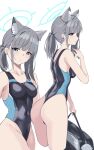  1girl animal_ear_fluff animal_ears ass bag black_one-piece_swimsuit blue_archive blue_eyes breasts commentary competition_swimsuit covered_navel cropped_legs cross_hair_ornament extra_ears grey_hair hair_ornament halo highres looking_at_viewer low_ponytail lylylycctv medium_breasts medium_hair mismatched_pupils multicolored_clothes multicolored_swimsuit multiple_views official_alternate_costume one-piece_swimsuit one-piece_thong shiroko_(blue_archive) shiroko_(swimsuit)_(blue_archive) simple_background standing swimsuit white_background wolf_ears 