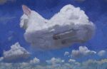  animal_focus blue_sky cat cat_loaf closed_eyes cloud cloudy_sky day english_commentary faux_traditional_media from_below giant highres impasto no_humans original painterly rythayze sky smile white_cat white_fur 