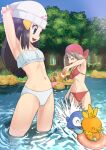  2girls armpits arms_behind_back bandana bikini breasts brown_hair commentary_request dawn_(pokemon) eyelashes hat highres innertube may_(pokemon) medium_breasts multiple_girls navel one_eye_closed open_mouth partial_commentary partially_submerged piplup pokemon pokemon_(creature) pokemon_(game) pokemon_dppt pokemon_rse red_bandana red_bikini small_breasts swimsuit torchic tree white_bikini white_headwear yachi_(fujiyasu0616) 