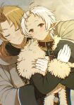  1boy 1girl ahoge black_coat closed_eyes closed_mouth coat couple elf fur-trimmed_coat fur_trim gloves grey_robe highres hug hug_from_behind husband_and_wife kiyo_(a_sam_ko) light_brown_hair looking_at_viewer mushoku_tensei pointy_ears ponytail ranoa_magic_academy_school_uniform red_eyes robe rudeus_greyrat school_uniform smile sylphiette_(mushoku_tensei) white_gloves white_hair 