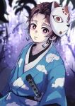  1boy absurdres blue_kimono bright_pupils fox_mask hanafuda_earrings highres japanese_clothes kamado_tanjirou kimetsu_no_yaiba kimono looking_at_viewer male_focus mask mask_on_head open_mouth print_kimono r1014-chopper red_eyes red_hair scar scar_on_face scar_on_forehead short_hair solo sword teeth upper_body weapon white_pupils 