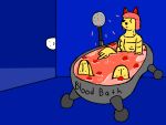 ambiguous_gender anthro bathroom bathtub blinking blue_background bored breasts bubble digital_drawing_(artwork) digital_media_(artwork) dot_eyes duo exposed_bone exposed_breasts felid female food food_creature hair hi_res humanoid larger_female mammal metal peaking red_ears red_hair red_water shower simple_background sitting size_difference smile starving text waterian white_body yellow_body yellow_feet 