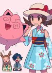  1boy 2girls @_@ blue_kimono bow brown_eyes brown_hair clenched_teeth commentary_request detached_sleeves eyelashes falkner_(pokemon) floral_print giving_up_the_ghost green_kimono hand_up hat hat_bow highres japanese_clothes jasmine_(pokemon) jasmine_(special_costume)_(pokemon) jigglypuff kimono long_hair lyra_(pokemon) lyra_(summer_2020)_(pokemon) multiple_girls official_alternate_costume open_mouth pokemon pokemon_(creature) pokemon_(game) pokemon_hgss pokemon_masters_ex raised_eyebrows red_bow sweat teeth twintails two_side_up tyako_089 white_headwear yukata 