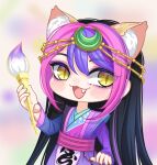  1boy :d animal_ears black_hair blush calligraphy_brush chibi doll_joints fang fox_ears hand_up head_chain highres holding holding_brush joints kumu_zaisheng long_hair multicolored_hair paintbrush purple_hair purple_shirt shirt smile solo split-color_hair upper_body yan_jue_(ye_luoli) ye_luoli yellow_background yellow_eyes 