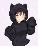  1girl alternate_costume animal_hood black_sweater brown_hair cat_hood closed_eyes furutaka_(kancolle) highres hood hooded_sweater kantai_collection short_hair sleeves_past_fingers sleeves_past_wrists solo split_mouth sweater upper_body y_ko-nu_t 