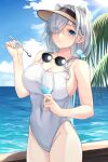  1girl absurdres animal_ears arknights aurora_(arknights) bare_arms bare_shoulders beach bear_ears blue_eyes blue_sky breasts cleavage cloud cowboy_shot cup cupping_glass day eyewear_around_neck groin hair_over_one_eye hand_up highres holding holding_cup large_breasts long_hair looking_at_viewer nameko_houshi ocean one-piece_swimsuit sky solo standing sunglasses swimsuit very_long_hair visor_cap water white_hair white_one-piece_swimsuit 