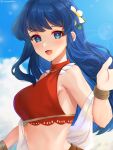  1girl :d bare_shoulders blue_eyes blue_hair blue_sky bracelet breasts caeda_(fire_emblem) caeda_(summer)_(fire_emblem) cloud commentary_request edamameoka fire_emblem fire_emblem:_mystery_of_the_emblem fire_emblem_heroes flower hair_flower hair_ornament highres jewelry long_hair looking_at_viewer official_alternate_costume open_mouth sky smile solo swimsuit upper_body 