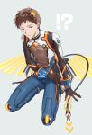  !? 1boy blue_eyes bodysuit brown_hair cable cable_tail gloves grey_background highres ikari_shinji long_sleeves looking_at_viewer male_focus mechanical_tail neon_genesis_evangelion pants quwo short_bangs short_hair solo sweatdrop tail teeth 