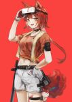  1girl :d absurdres aiv animal_ears arknights belt black_belt brown_eyes commentary cowboy_shot flametail_(arknights) flametail_(sport_for_all)_(arknights) gloves hand_on_own_hip hand_up head-mounted_display highres long_hair looking_at_viewer midriff navel official_alternate_costume open_mouth orange_shirt red_background red_hair shirt short_sleeves shorts simple_background smile solo squirrel_ears squirrel_tail standing stomach tail thigh_strap thighs tied_shirt very_long_hair white_shorts 