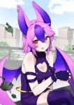  1girl :p animal_ears apple bat_ears bat_girl bat_wings blurry blurry_background breasts cleavage cleavage_cutout clothing_cutout cloud commission dress earrings falling_leaves fingerless_gloves food fruit gloves hair_between_eyes highres holding holding_food holding_fruit indie_virtual_youtuber jewelry leaf lofty_yoru multicolored_hair pink_eyes purple_dress purple_gloves purple_hair purple_thighhighs railing shadow sitting sky sleeveless sleeveless_dress solo starry_sky_print streaked_hair thighhighs tongue tongue_out valefal_coneri wings 