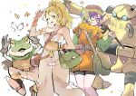  2boys 2girls blonde_hair blue_eyes breasts cape chrono_trigger closed_mouth frog_(chrono_trigger) glasses helmet jewelry long_hair looking_at_viewer lucca_ashtear marle_(chrono_trigger) multiple_boys multiple_girls oisiokayu one_eye_closed open_mouth ponytail purple_hair robo_(chrono_trigger) scarf short_hair simple_background smile weapon white_background 