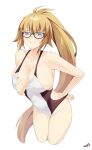  1girl absurdres bare_shoulders blonde_hair blue_eyes breasts cleavage collarbone fate/grand_order fate_(series) grin high_ponytail highleg highleg_swimsuit highres jeanne_d&#039;arc_(fate) jeanne_d&#039;arc_(swimsuit_archer)_(fate) jeanne_d&#039;arc_(swimsuit_archer)_(second_ascension)_(fate) kurozawa_yui large_breasts long_hair looking_at_viewer one-piece_swimsuit sideboob smile solo swimsuit thighs very_long_hair 
