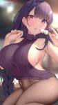  1girl akira_shiun bare_arms blunt_bangs blurry blurry_background blush braid breasts commentary_request covered_navel dango eating food genshin_impact highres holding holding_food kneeling large_breasts long_hair meme_attire mole mole_under_eye pantyhose purple_eyes purple_hair purple_sweater raiden_shogun sideboob sidelocks sleeveless sleeveless_sweater sleeveless_turtleneck solo suggestive_fluid sweater thighs turtleneck turtleneck_sweater variant_set virgin_killer_sweater wagashi 