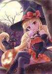  1girl :3 animal bare_tree bat_(animal) blonde_hair blurry blush bokeh boots bow candy cat choker cross-laced_footwear crossed_legs depth_of_field detached_sleeves dress food frilled_dress frills full_moon glowing halloween hat hat_bow holding holding_candy holding_food holding_lollipop ibuki_ena in_tree jack-o&#039;-lantern jack-o&#039;-lantern_hat_ornament jack-o&#039;-lantern_ornament juliet_sleeves lace-up_boots licking lollipop long_hair long_sleeves low_twintails moon nail_polish night original outdoors pink_eyes puffy_sleeves pumpkin short_dress sitting sitting_in_tree smile solo swirl_lollipop tongue tongue_out tree twintails underbust very_long_hair witch witch_hat 