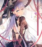  1girl black_bow black_dress blue_eyes bow cover_image dress hat long_hair lyseria_christaria official_art seiken_gakuin_no_maken_tsukai toosaka_asagi white_hair witch_hat 