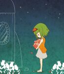  1girl bare_arms barefoot bird black_eyes chaki_(chakan) chick dress flower full_body goggles goggles_on_head green_hair gumi heart holding jacket orange_jacket rocket short_hair sleeveless sleeveless_jacket solo star_(symbol) too_many too_many_hearts tulip vocaloid white_dress 