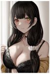  1girl bare_shoulders black_bra black_choker black_hair blush bra breasts choker cleavage closed_mouth collarbone commentary_request girls&#039;_frontline hair_ornament hair_scrunchie heterochromia highres large_breasts long_hair long_sleeves looking_at_viewer off_shoulder red_eyes ro635_(girls&#039;_frontline) scrunchie selcky solo underwear upper_body white_scrunchie yellow_eyes 
