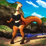  1:1 amber_(undeadkitty13) anthro biped breasts clothed clothing cloud dinosaur female fingers grass hadrosaurid hi_res non-mammal_breasts open_mouth open_smile ornithischian parasaurolophus plant reptile scalie smile solo tail undeadkitty13 water 