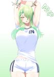  1girl antlers arms_up blush braid braided_bangs breasts ceres_fauna collarbone green_hair green_nails hair_ornament highres hololive hololive_english large_breasts long_hair looking_at_viewer mole mole_under_eye open_mouth redi_(rasec_asdjh) shirt shorts solo thighs virtual_youtuber white_shirt white_shorts yellow_eyes 